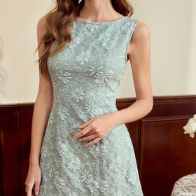 Resim Retro Şık Kadınlar İçin Kolsuz Fit & Flare Mini Elbise - Nane Yeşili Jakar Botanik Yaprak Desenli, Yuvarlak Yaka Fermuarlı Sırt, Makinede Yıkanabilir Her Mevsim Tatil Doğum Günü Parti Elbisesi, Günlük Şık Giyim, Zarif Dikiş 