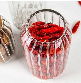 Resim Qerhome Mantar Kapaklı Çizgili Cam Kavanoz Ve Baharatlık Seti 500 Ml 1 Adet Şeffaf 