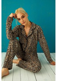 Resim Nisanca Kışlık Düğmeli Ekose Desen Yılbaşı Temalı Kadın Süet Pijama Takımı Leopar 