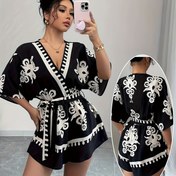 Resim Kadınların Vintage Baskılı V Yaka Tulumu, Kıvrılmış Bel ve Yarasa Kollu - Siyah Çiçek Desenli, Kısa Kollu, Yazlık Rahat Giyim, Yetişkin, Yazlık Rahat Giyim | Çiçek Desenli Tulum | Kıvrılmış Bel Detayı, Tulum 