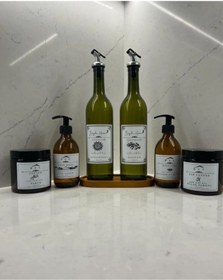 Resim BÜYÜLÜ HOME Ahşap Stantlı 3 Lü Set 7 Parça 2 Li Amber Zeytinyağı Şişesi 2 Li Sıvı Sabun Şisesi 2 Li Pamuk Kutusu 