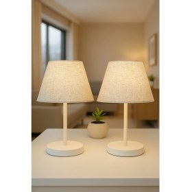 Resim Mediterian Bej modern yatak odası seti, abajur ve masa lambası, şık ve konforlu tasarım 