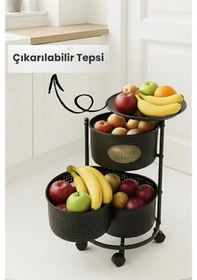 Resim 3 Katlı Tekerlekli Tepsili Metal Sebzelik Açılır Patates Soğan Meyvelik Sepeti Raf Siyah Siyah 
