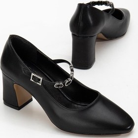 Resim Kadın Stiletto Topuklu Ayakkabı Siyah Suni Deri Baret Taşlı Kalın Topuklu-4171 Siyah 