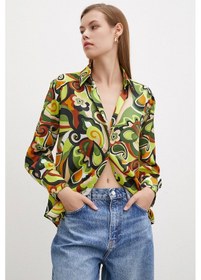 Resim Never More Ebruli Desenli Saten Gömlek Yeşil Yeşil 