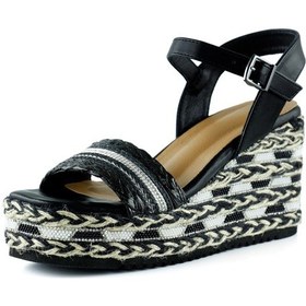 Resim Erkan Saçmacı Siyah Kristal Taşlı İncili Sim Nakışlı Tokalı Zikzak Örgü Jüt Dolgu Topuklu Sandalet Siyah 