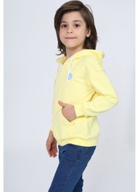 Resim Toontoy Kids Toontoy Erkek Çocuk Kapüşonlu Fermuarlı Cepli Düşük Omuz Baskılı Örme Hırka - 3 İplik Şardonsuz Sarı 