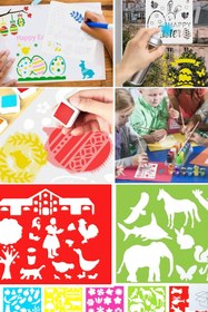 Resim Plastik Boyama ve Şekil Cetveli +3 Adet Kalem Çizim Şablonu, Tekrar Kullanılabilir Çocuk Boyama Cetveli 