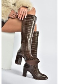 Resim Fox Shoes V590179611 Kahverengi Süet Kalın Topuklu Klasik Kadın Çizme Kahverengi-kroko Baskı 