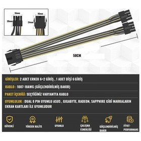 Resim Zauss 6 Pin to 2x PCI-E (6+2) 8 Pin 50 CM Power Kablo Çoklayıcı 