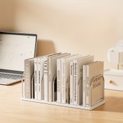 Resim 1 adet/takım, Paslanmaz Çelik + PP Malzeme Masaüstü Kitaplık | Ayarlanabilir Bölücülerle Yatay Mini Kitap Standı | Modern Minimalist Ofis Masa Düzenleyici, Posta ve Dosya Depolama İçin Uygun | Öğrenci Yurdu Çalışma Masası Rafı 