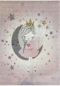 Resim Çocuk Odası Halısı Ayda Oturan Kız Yıldızlı Desenli Pembe Dijital Baskı Kaymaz Makinede Yıkanabilir Pembe 