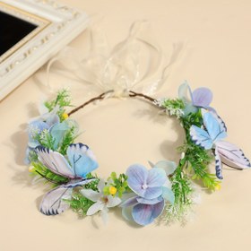 Resim 1 adet Şık Yeni Gelen Yapay Çiçekli Kelebek Taç - Pastel Mavi ve Beyaz Çiçekler, Yeşil Yapraklar, Orman Temalı Fotoğraf Çekimlerine Mükemmel, Parti Aksesuarı | Çiçekli Taç | Polyester Fiber, Kelebek Aksesuarları 