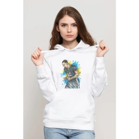 Resim Qivi Basketci Spor Basketbol Baskılı Beyaz Kadın Örme Kapşonlu Sweatshirt Uzun Kol 