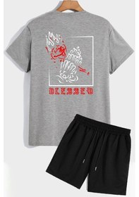 Resim Sırt Baskılı Şort T-shirt Eşofman Takımı Gri 