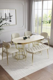 Resim Bohem Polo Mutfak Masası Takımı 6 Kişilik Bencli Gold Krem 