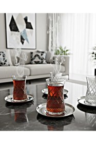 Resim Paşabahçe Ella Kesme Dekorlu Çelik Tabaklı 12 Parça 6 Kişilik Çay Takımı Şeffaf 
