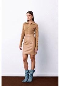 Resim Sateen Şardonlu Deri Etek - Camel-135486 CAMEL 