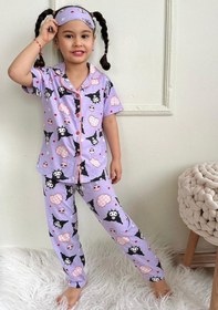 Resim Kız Çocuk Kedi Desenli Pamuklu Düğmeli Pijama Takımı Göz Bantlı Lila 