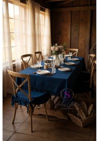 Resim Lacivert Renk El Yapımı Buldan Yıkanmıs Keten 4 Tarafı Fırfırlı Sandalye Minderi Lacivert 