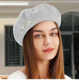Resim Kadın İnci Detaylı Ressam Şapka Yumuşak Dokulu Fransız Bere Şık Kışlık Şapka Gri 