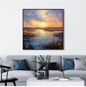 Resim Yağlı Boya Dokulu Tablo Gölde Gün Batımı Siyah Çerçeveli U06004-178969 