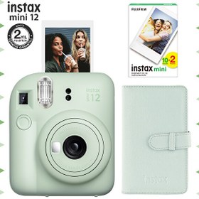 Resim Fujifilm Instax Mini 12 Yeşil Şipşak Fotoğraf Makinesi-20'li Film ve Laporta Albüm Seti 
