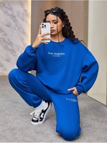 Resim Unisex Los Angeles California Eşofman Takımı Sweatshirt Jogger Sax Mavi Baskılı Oversize Yaka Saks Mavi 