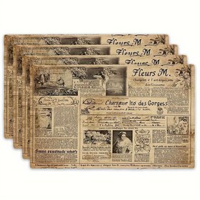 Resim 4 adet Vintage Gazete 12x18 inç Tek taraflı baskı kumaş masa mat seti, yemek ve ev kullanımı için uygun, masa dekorasyonu ve parti süslemesi için 