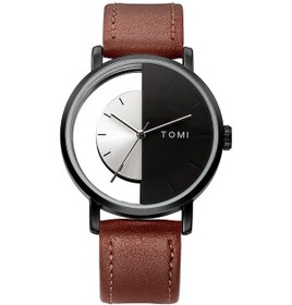 Resim Tomı T080 İçi Boş Tasarım Yarım Şeffaf Unisex Kuvars Saat Siyah Beyaz Yüz Kahverengi Kayış 