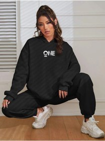 Resim LAND MODA Kadın Çhikago Baskılı Kapüşonlu Sweatshirt Eşofman Alt Üst Takımı 