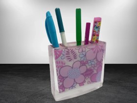 Resim 2 Adet Kalemlik Pembe Çiçekli Akrilik Ofis Gereci 10x10x3cm Çok Renkli 