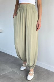 Resim Gülseli Kadın Bel Ve Paça Lastikli Şalvar Model Pantolon Açıkhaki TZL-P-00021430 