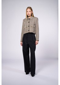 Resim Thalure Kadın Kahverengi Ekoseli Crop Blazer Kahverengi 