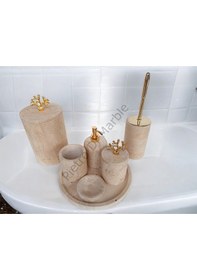 Resim Sarı Traverten Klasik Model 7 Parça Gold Renk Mercan Aksesuarlı Banyo Seti Sarı Traverten 