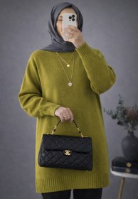Resim ModaAzen Yağ Yeşili Bisiklet Yaka Oversize Kadın Triko Tunik 
