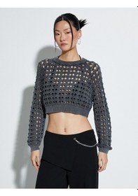 Resim Koton Ajurlu Crop Kazak Bisiklet Yaka Uzun Kollu Antrasit 4sak90069ht Antrasit 