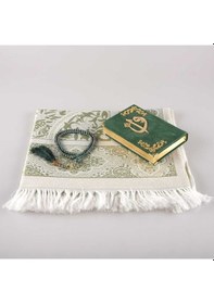 Resim Seccade + Tesbih + Kuran Hediye Seti (Çanta Boy, Kadife, Zeytin Y 