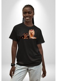 Resim Yorkshire Teacup Ve Anne Köpek Pamuklu Bisiklet Yaka Unisex Oversize Boyfriend Dijital Baskılı Siyah T-shirt Siyah 