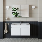 Resim banos Roomart Al3 Ayaksız 2 Kapaklı Lavabolu Beyaz Mdf 85 Cm Banyo Dolabı Aynalı Üst Dolabı 