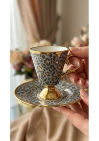 Resim Leopar Desenli Ayaklı Porselen Kahve Fincanı Takımı 6 Kişilik Altın Yaldızlı Fincan Seti Gri 