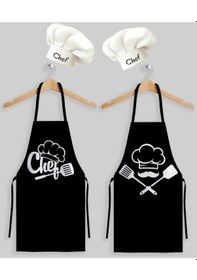 Resim Ays Home Siyah Aşçı Şef İkili Şapkalı Mutfak Önlüğü Seti 2 Adet Şapka 2 Adet Önlük 