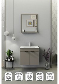 Resim Biani Fix Arya 65 Cm Banyo Dolabı,Seramik Lavabolu, Aynalı,Lavabo Dahil,Mdf,Latte 