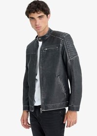 Resim DeFacto Slim Fit Dar Kesim Dik Yaka Fermuarlı Biker Suni Deri Mont 