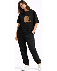 Resim Sevgili Kombini Sevimli Ayı Baskılı Çift Tişört Oversize Unisex P Siyah 