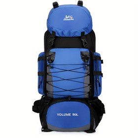 Resim 90L Yüksek Kapasiteli Seyahat Sırt Çantası - Dayanıklı Polyester, Mavi Siyah Vurgularla, Ekose Desen, Ayarlanabilir Göğüs Kayışı, Dış Mekan Maceraları, Kamp ve Yürüyüş için Çoklu Cepli, Seyahat için Sırt Çantası 
