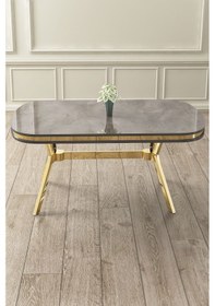 Resim Canisa Olya Serisi 90x168 Mdf Sabit Lak Panel Antrasit İroni Masa Takımı Gold Ayaklı 4 Krem Sandalye Masa Antrasit İroni Krem Sandalye 