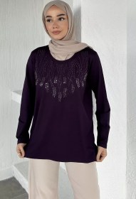 Resim Taşlı Tesettür Anne Penye Bluz Mor TZL-P-00021461 