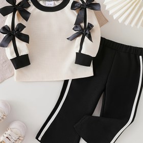 Resim Kızlar için 2 Parça Uzun Kollu Siyah Flare Pantolon Takımı, İlkbahar/Sonbahar İçin Fiyonk Detaylı, Dış Mekan Kullanımına Uygun 
