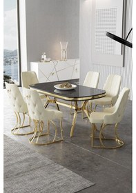 Resim Canisa Epal Serisi 90x168 Lak Panel Siyah Mermer Desen Masa Takımı Gold Ayaklı 6 Krem Sandalye Masa Siyah Mermer Desen Sandalye Krem 